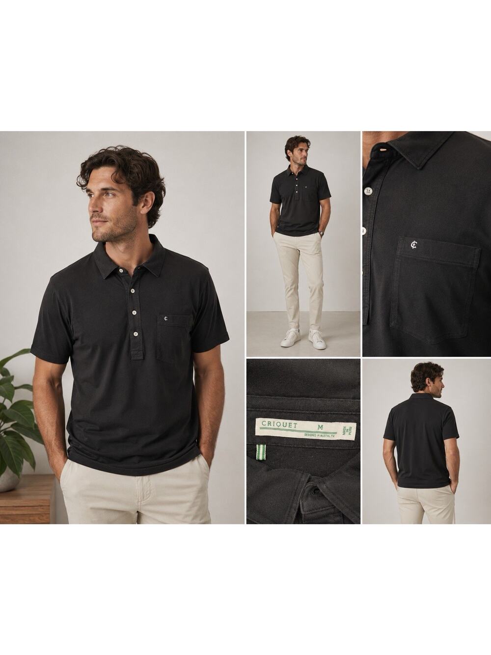Criquet Men’s Medium Black Pocket Polo Shirt Short Sleeve Soft Stretch Golf Pima